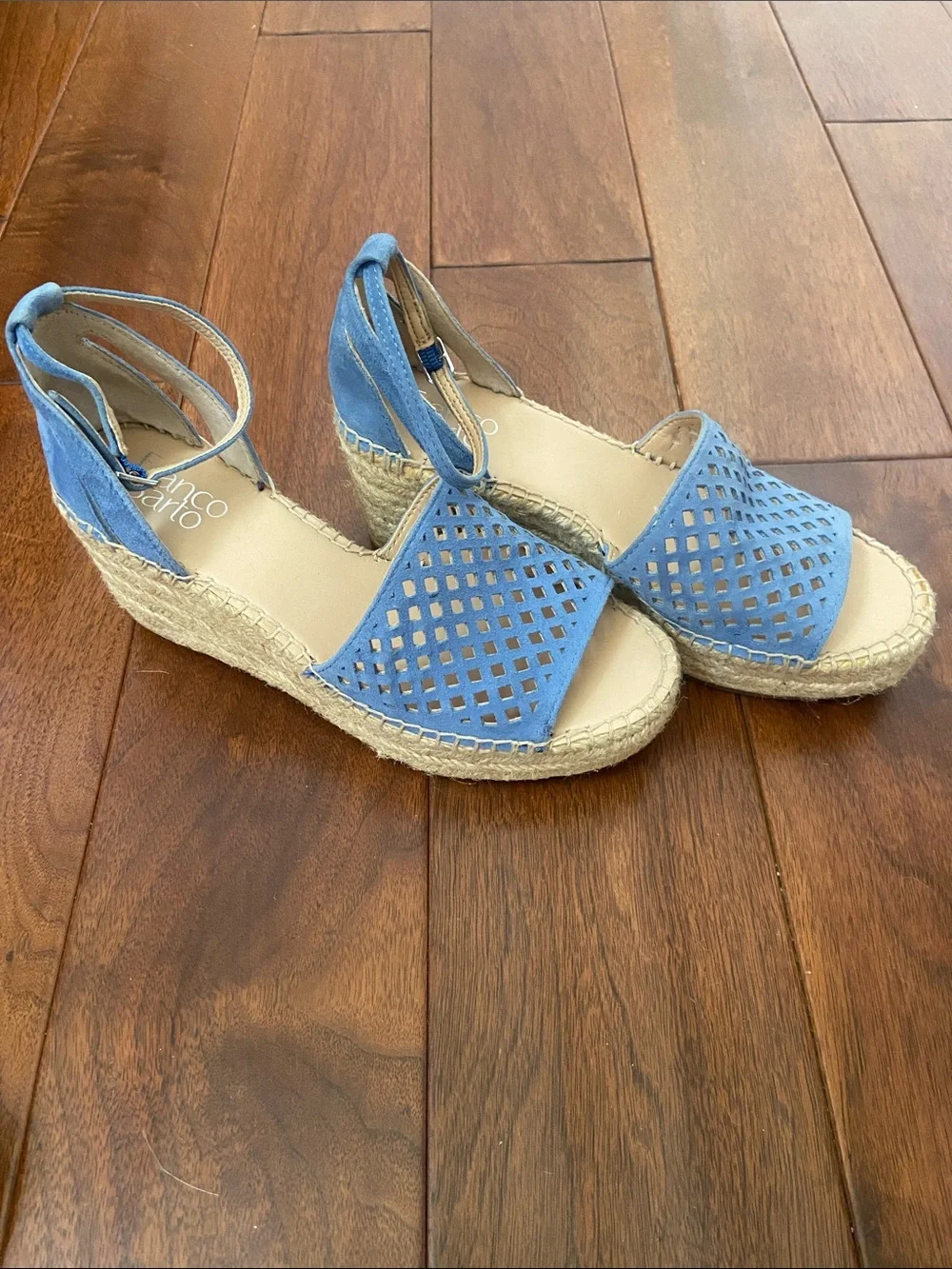 Franco Sarto Light Blue leather Espadrille Wedge Sandals with Ankle Strap.